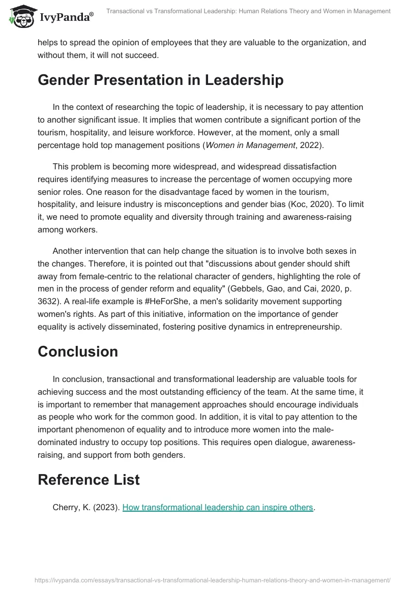 Transactional vs Transformational Leadership: Human Relations Theory and Women in Management. Page 2
