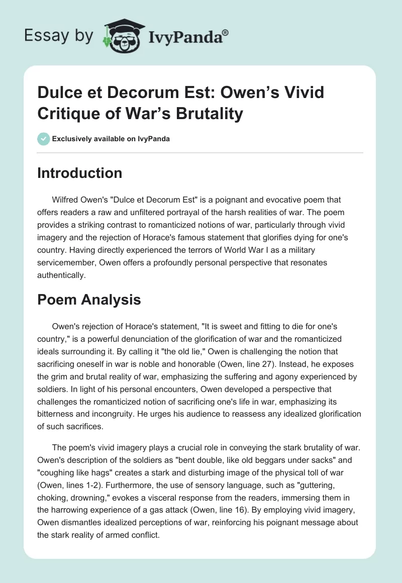 Dulce et Decorum Est: Owen’s Vivid Critique of War’s Brutality. Page 1