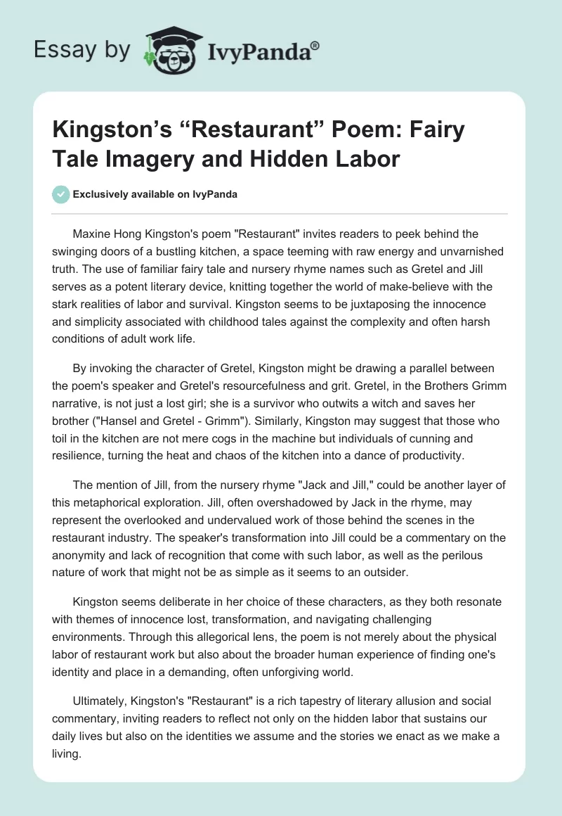 Kingston’s “Restaurant” Poem: Fairy Tale Imagery and Hidden Labor. Page 1