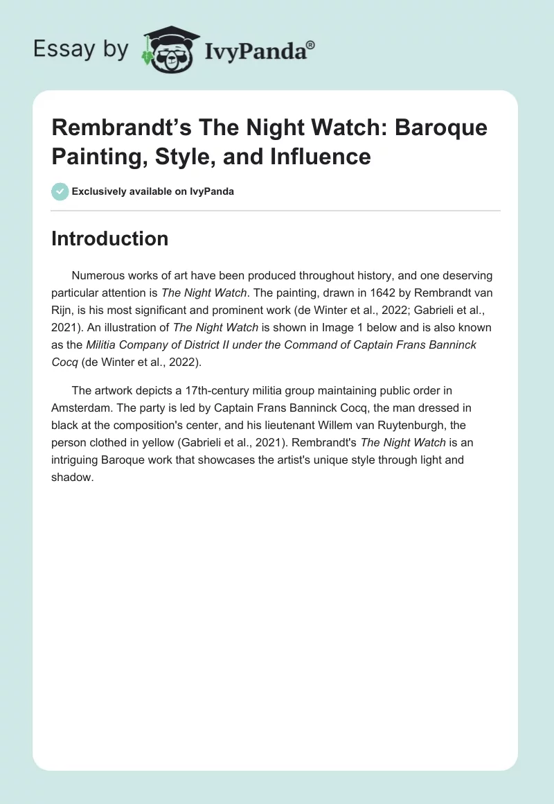 Rembrandt’s The Night Watch: Baroque Painting, Style, and Influence. Page 1