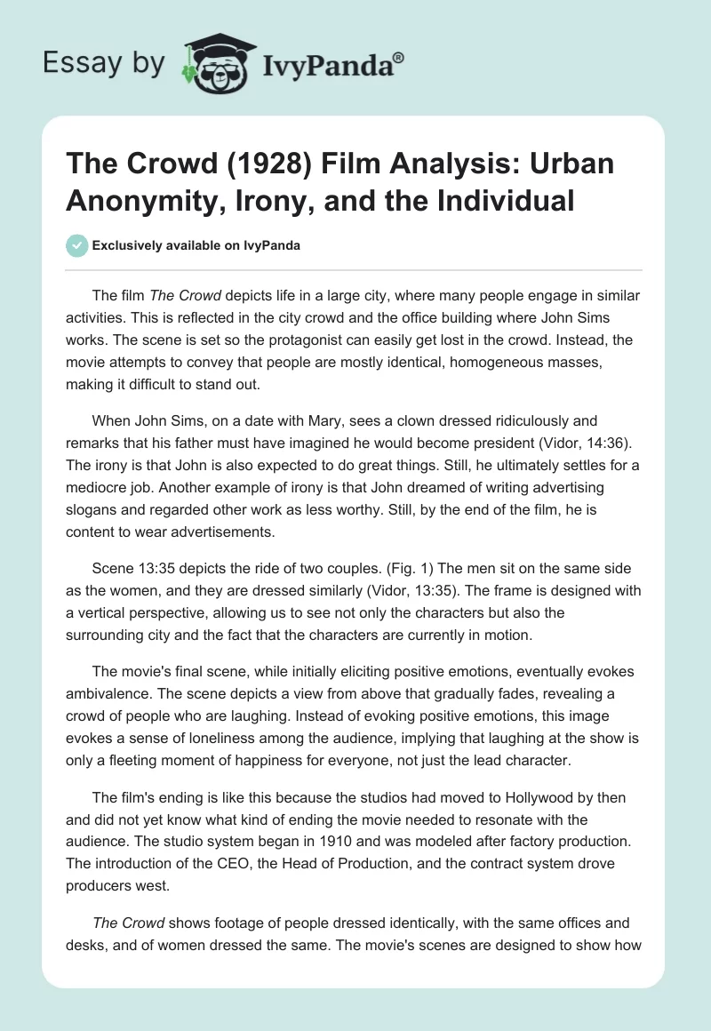 The Crowd (1928) Film Analysis: Urban Anonymity, Irony, and the Individual. Page 1