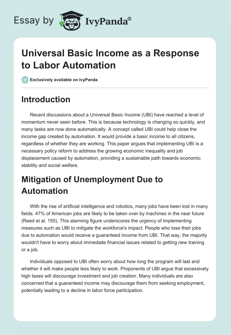Universal Basic Income as a Response to Labor Automation. Page 1