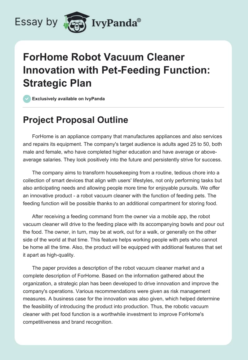 ForHome Robot Vacuum Cleaner Innovation with Pet-Feeding Function: Strategic Plan. Page 1