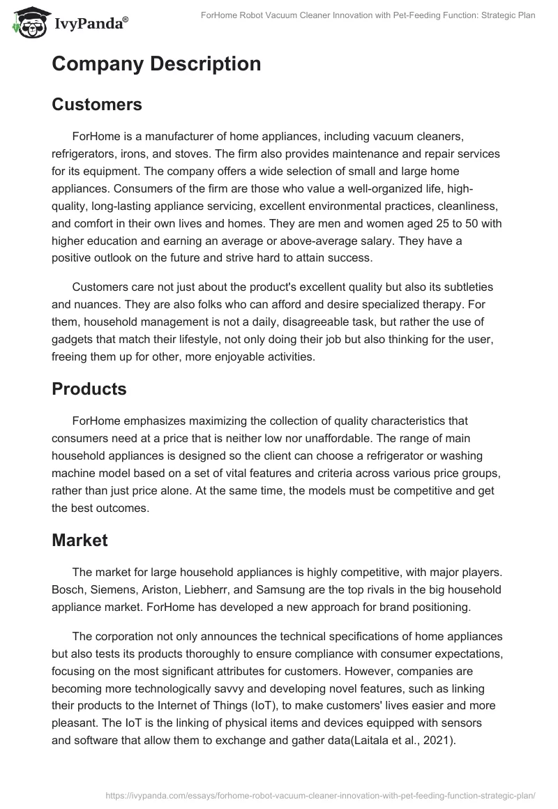 ForHome Robot Vacuum Cleaner Innovation with Pet-Feeding Function: Strategic Plan. Page 2