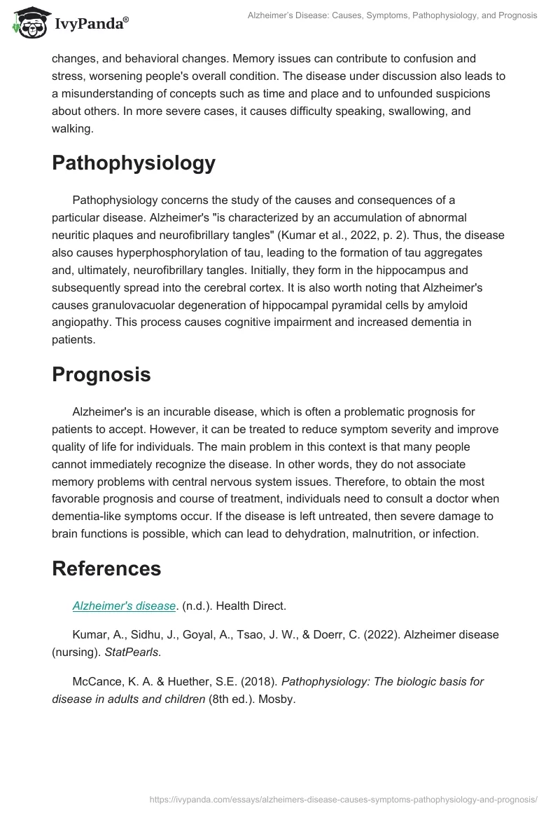 Alzheimer’s Disease: Causes, Symptoms, Pathophysiology, and Prognosis. Page 2