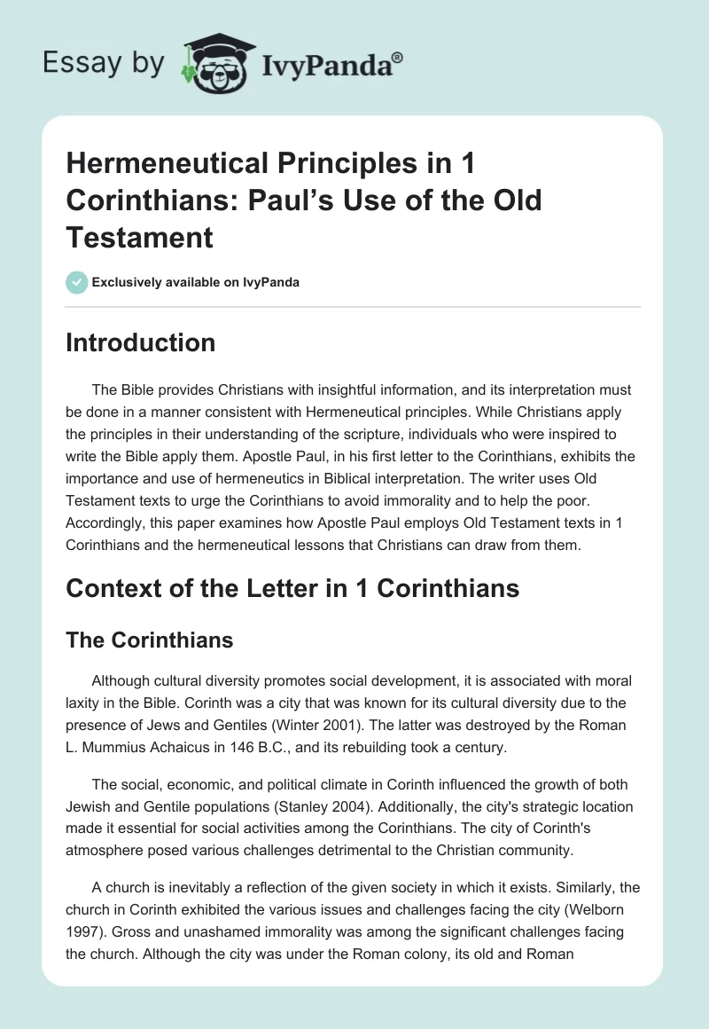 Hermeneutical Principles in 1 Corinthians: Paul’s Use of the Old Testament. Page 1