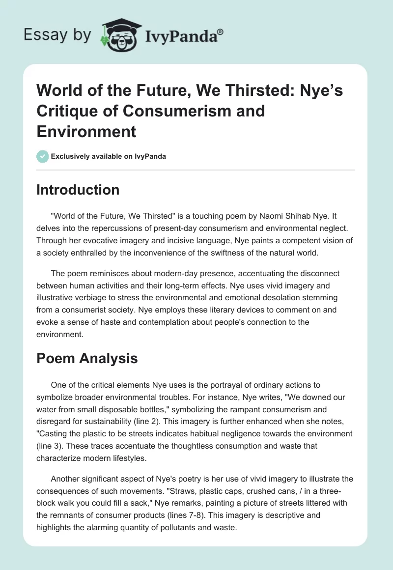 World of the Future, We Thirsted: Nye’s Critique of Consumerism and Environment. Page 1
