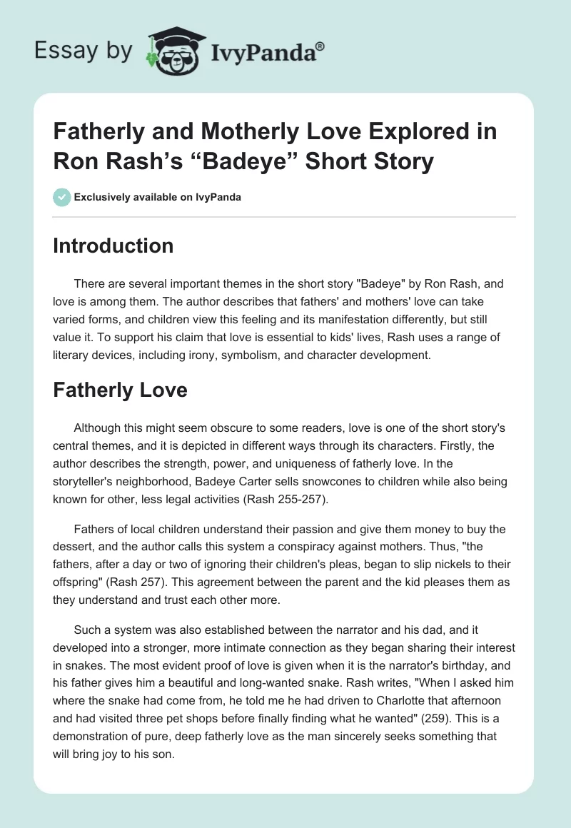 Fatherly and Motherly Love Explored in Ron Rash’s “Badeye” Short Story. Page 1