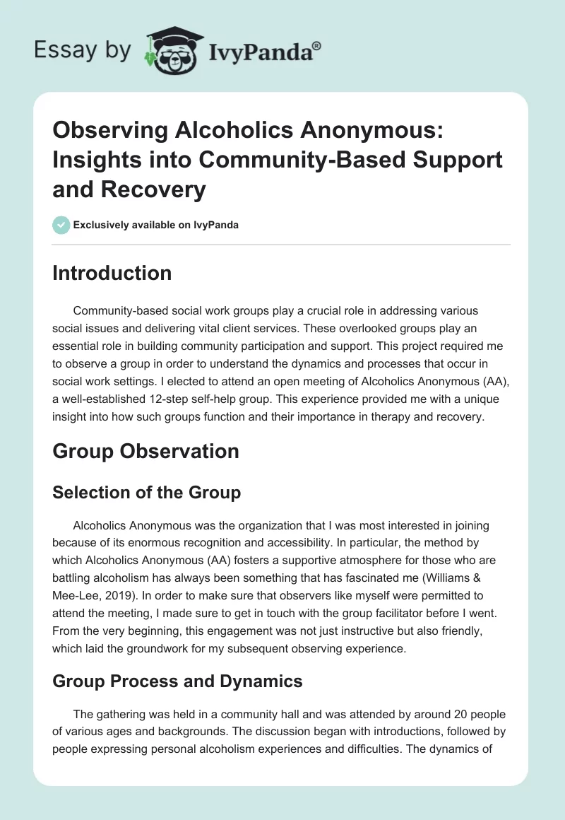 Observing Alcoholics Anonymous: Insights into Community-Based Support and Recovery. Page 1