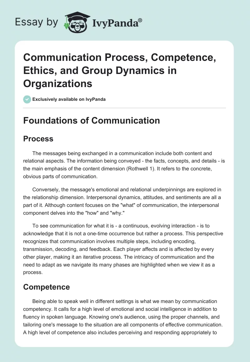 Communication Process, Competence, Ethics, and Group Dynamics in Organizations. Page 1