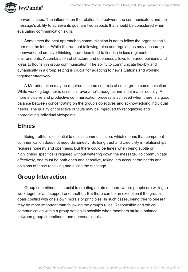 Communication Process, Competence, Ethics, and Group Dynamics in Organizations. Page 2