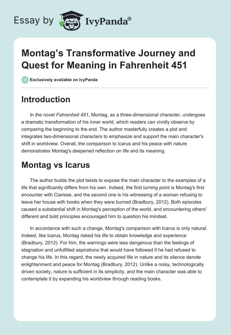 Montag’s Transformative Journey and Quest for Meaning in Fahrenheit 451. Page 1