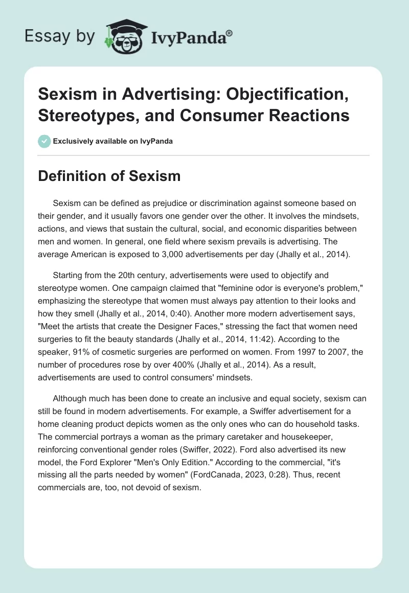 Sexism in Advertising: Objectification, Stereotypes, and Consumer Reactions. Page 1