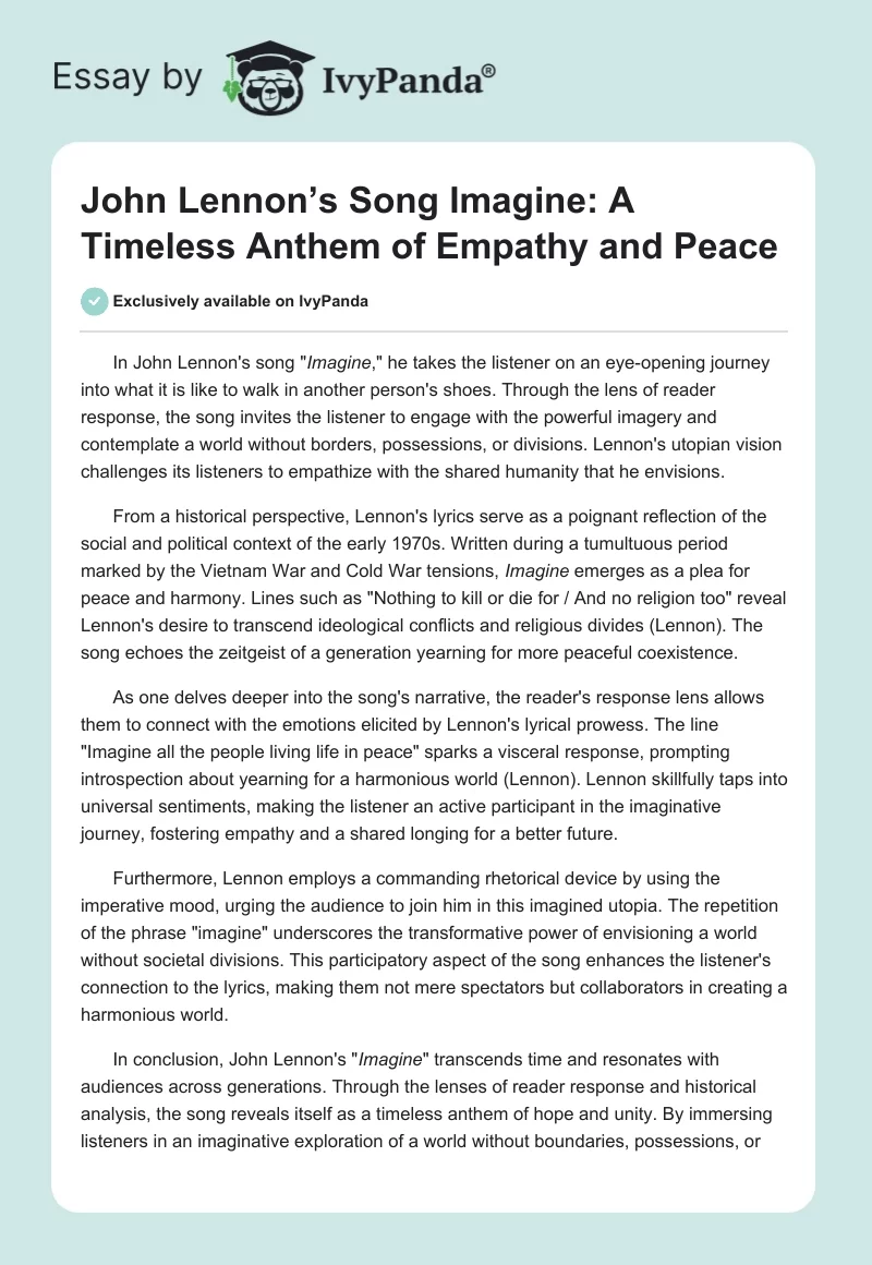 John Lennon’s Song Imagine: A Timeless Anthem of Empathy and Peace. Page 1