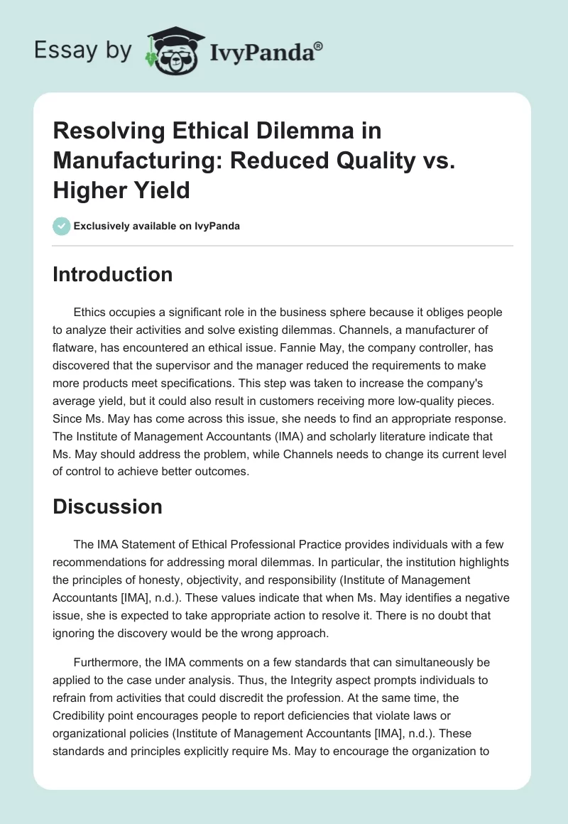 Resolving Ethical Dilemma in Manufacturing: Reduced Quality vs. Higher Yield. Page 1