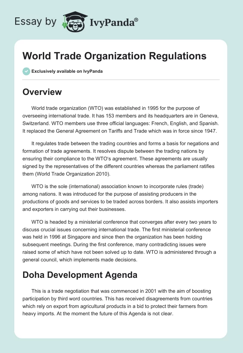 World Trade Organization Regulations. Page 1