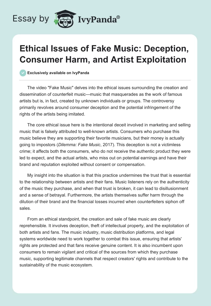 Ethical Issues of Fake Music: Deception, Consumer Harm, and Artist Exploitation. Page 1