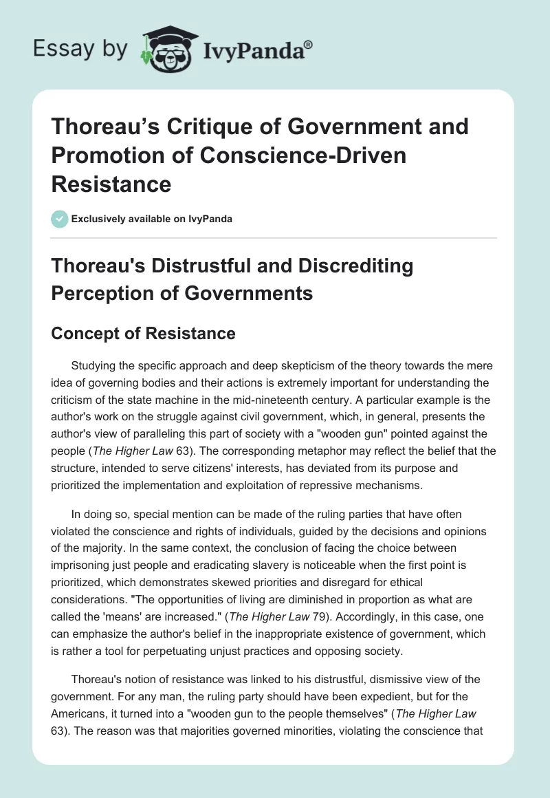 Thoreau’s Critique of Government and Promotion of Conscience-Driven Resistance. Page 1