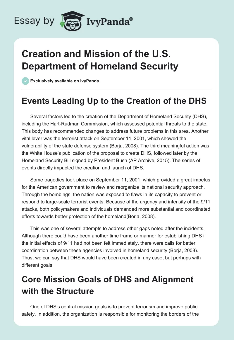 Creation and Mission of the U.S. Department of Homeland Security. Page 1