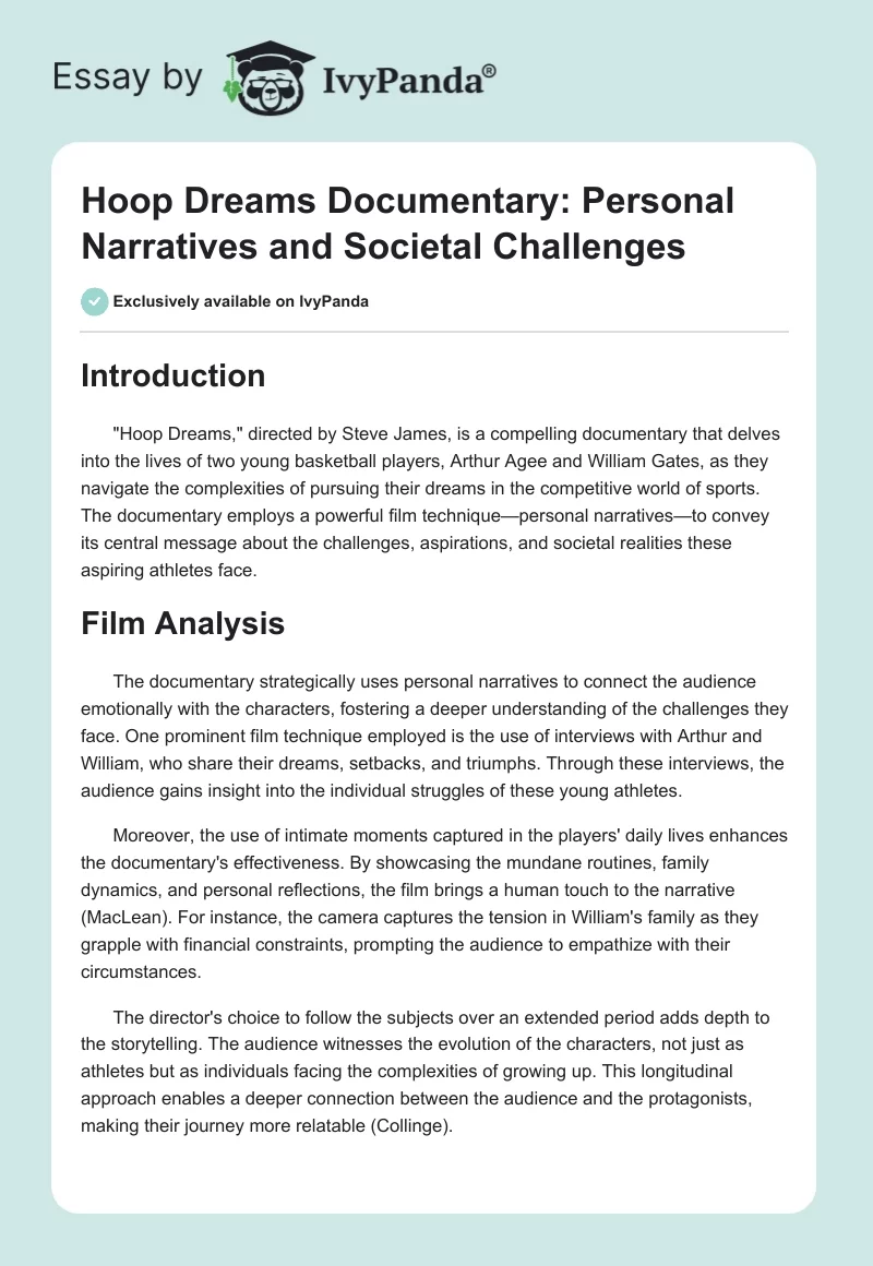 Hoop Dreams Documentary: Personal Narratives and Societal Challenges. Page 1