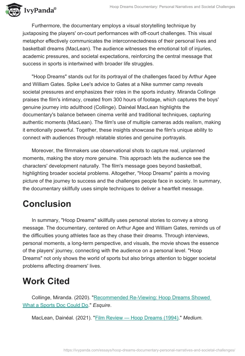 Hoop Dreams Documentary: Personal Narratives and Societal Challenges. Page 2