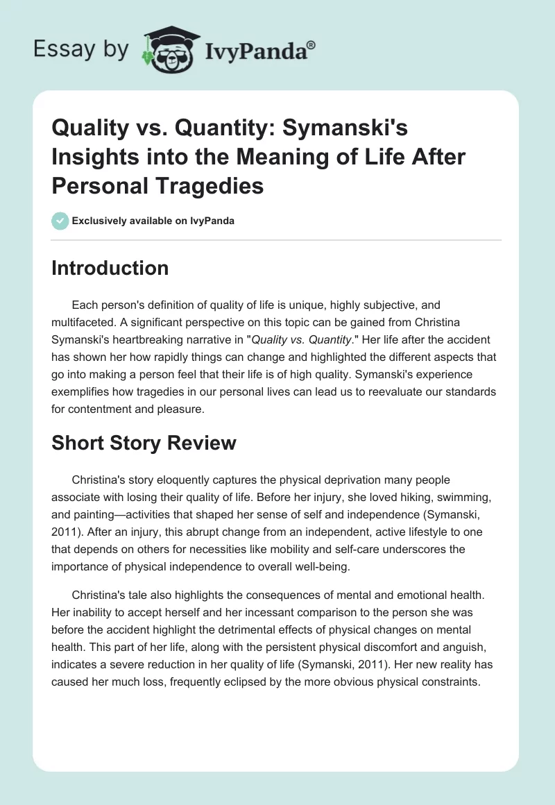 Quality vs. Quantity: Symanski's Insights into the Meaning of Life After Personal Tragedies. Page 1