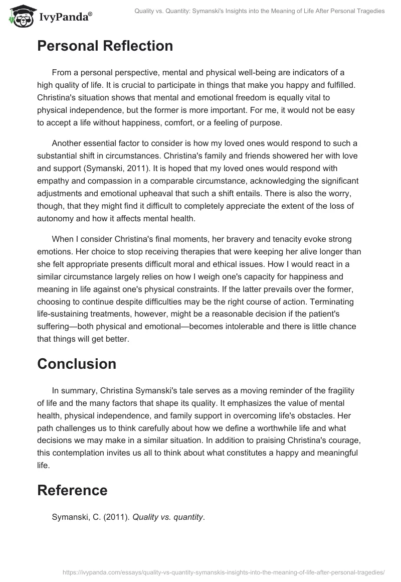 Quality vs. Quantity: Symanski's Insights into the Meaning of Life After Personal Tragedies. Page 2
