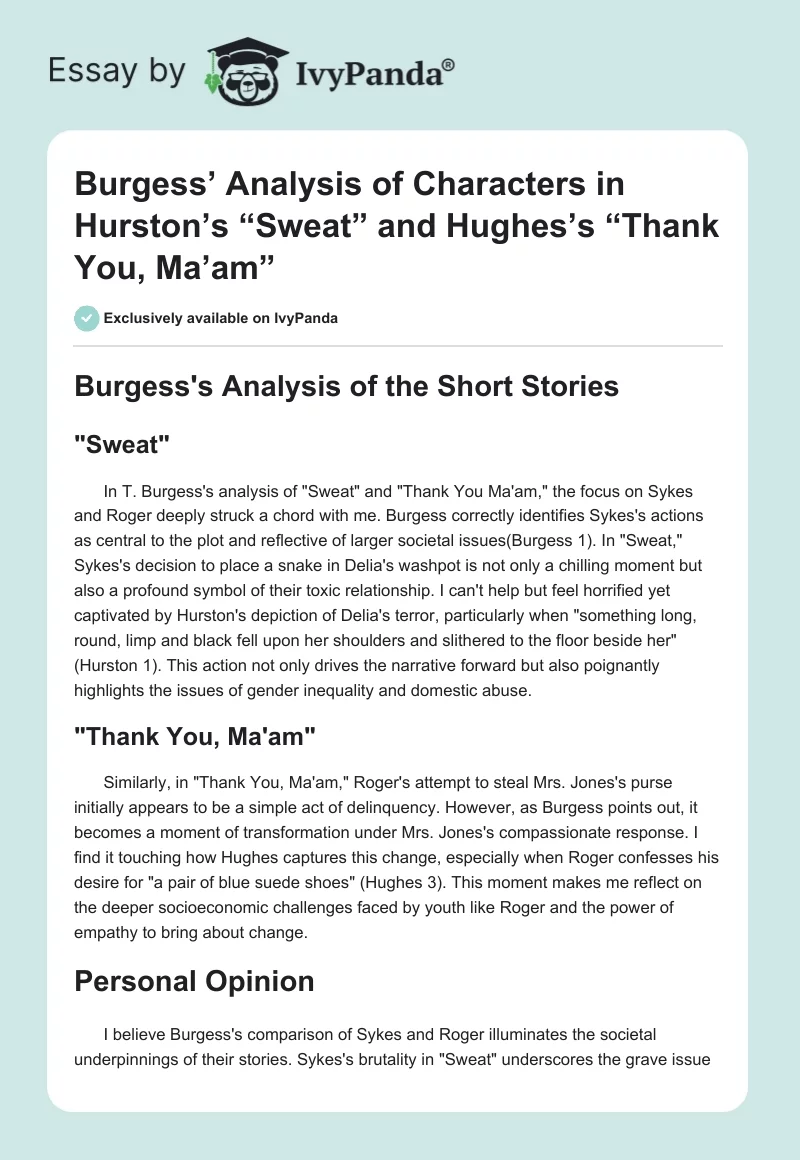 Burgess’ Analysis of Characters in Hurston’s “Sweat” and Hughes’s “Thank You, Ma’am”. Page 1