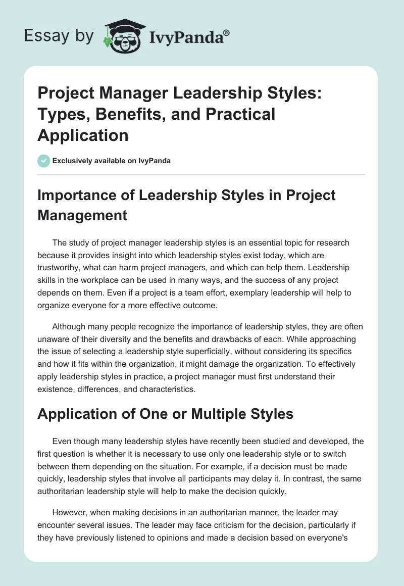 Project Manager Leadership Styles: Types, Benefits, and Practical Application. Page 1