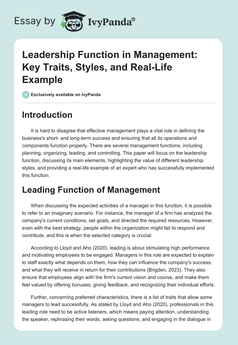 Leadership Function in Management: Key Traits, Styles, and Real-Life Example. Page 1
