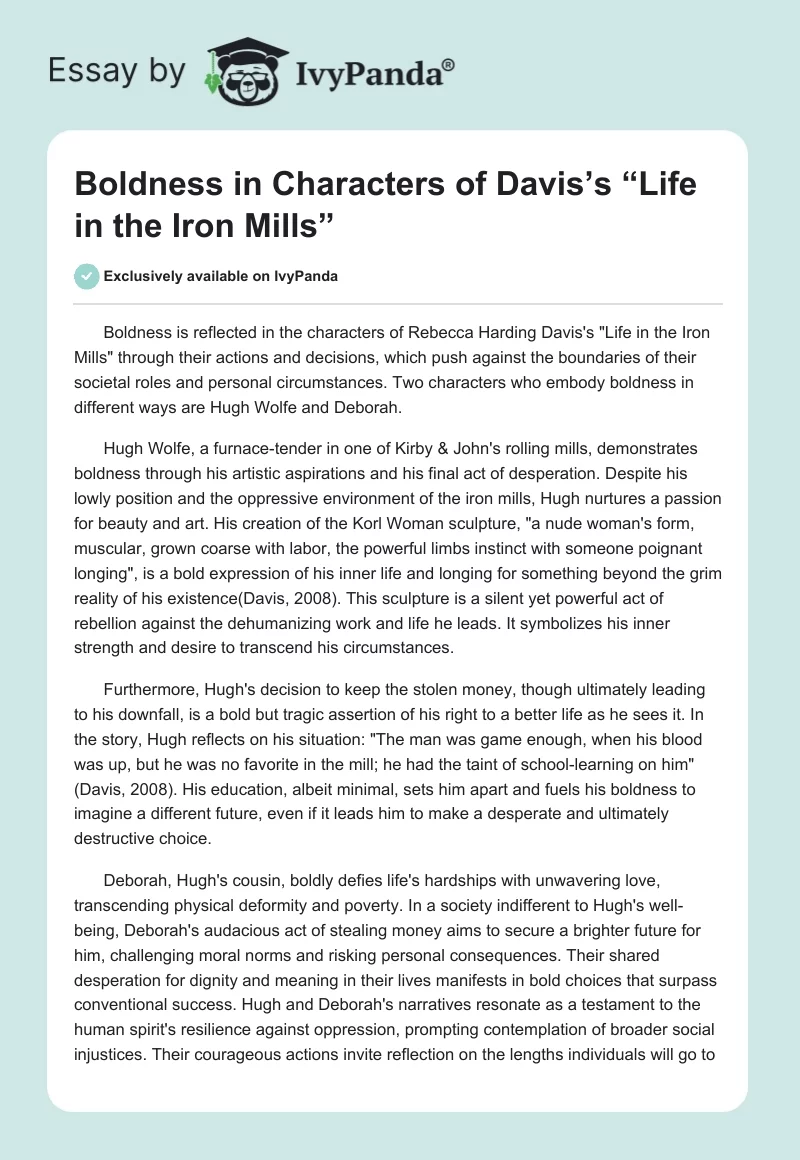 Boldness in Characters of Davis’s “Life in the Iron Mills”. Page 1