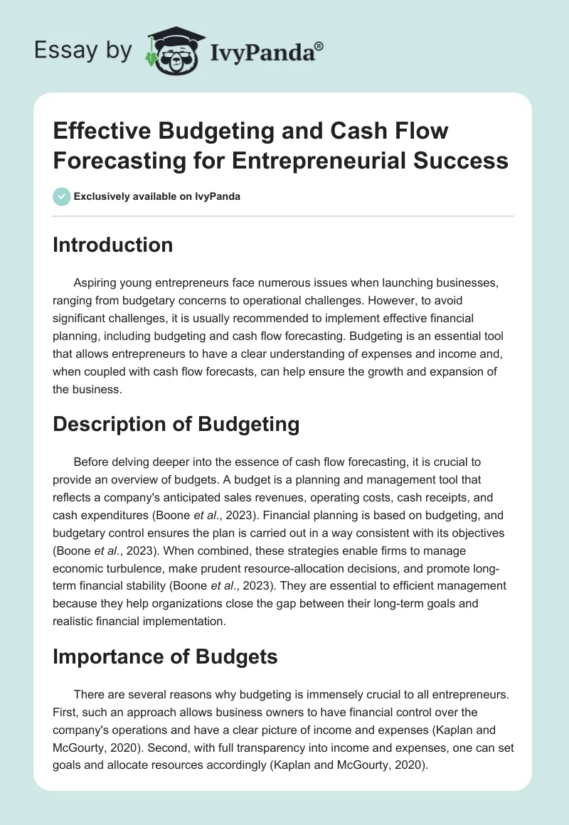 Effective Budgeting and Cash Flow Forecasting for Entrepreneurial Success. Page 1