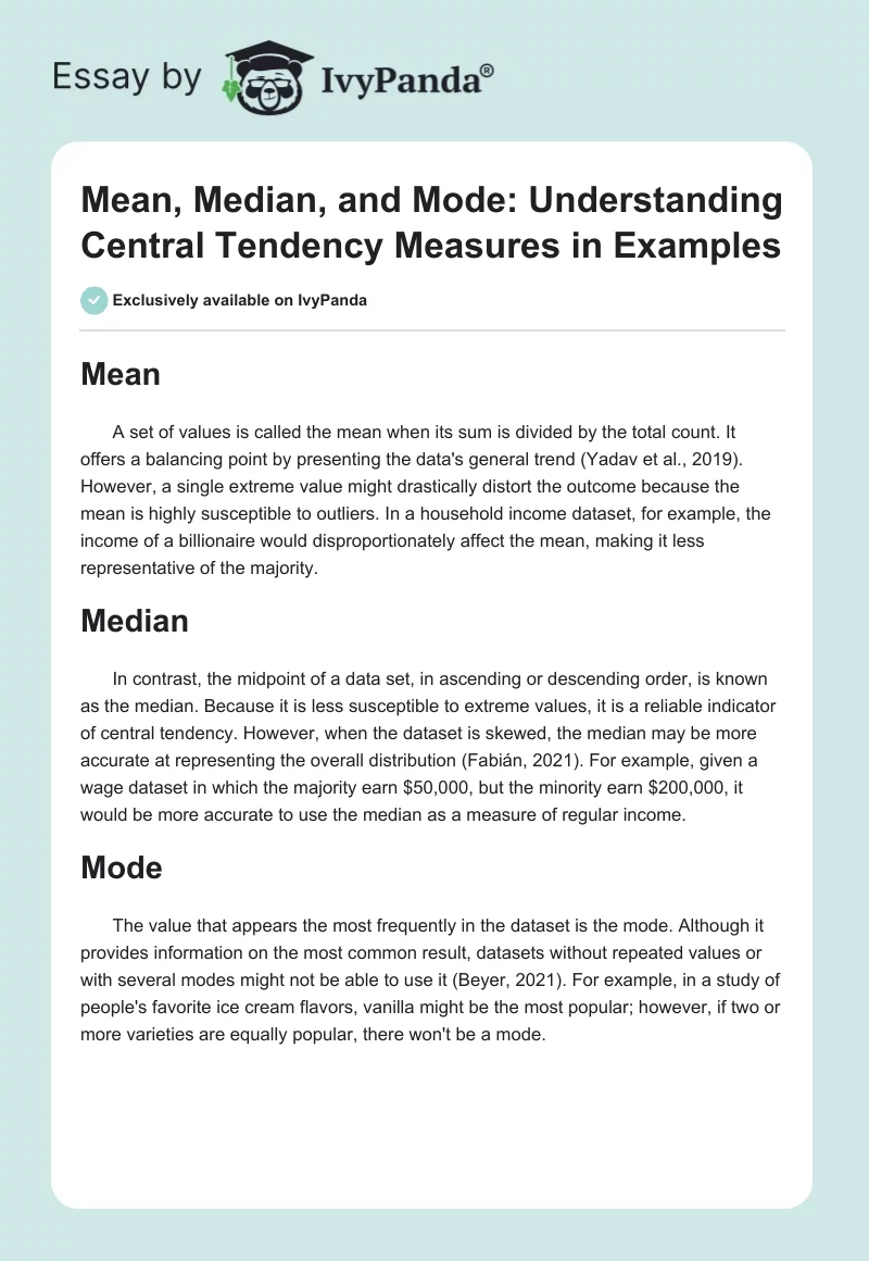Mean, Median, and Mode: Understanding Central Tendency Measures in Examples. Page 1