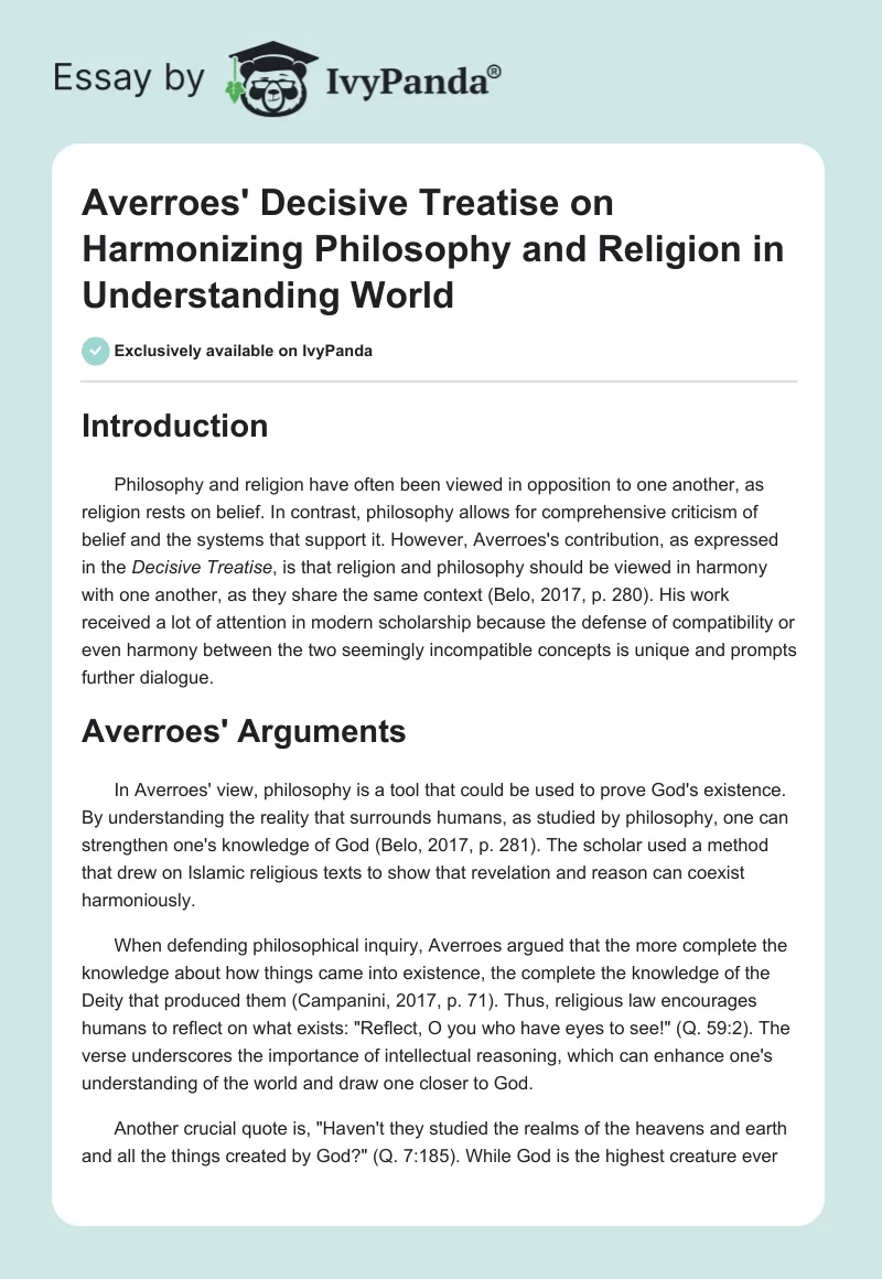 Averroes' Decisive Treatise on Harmonizing Philosophy and Religion in Understanding World. Page 1