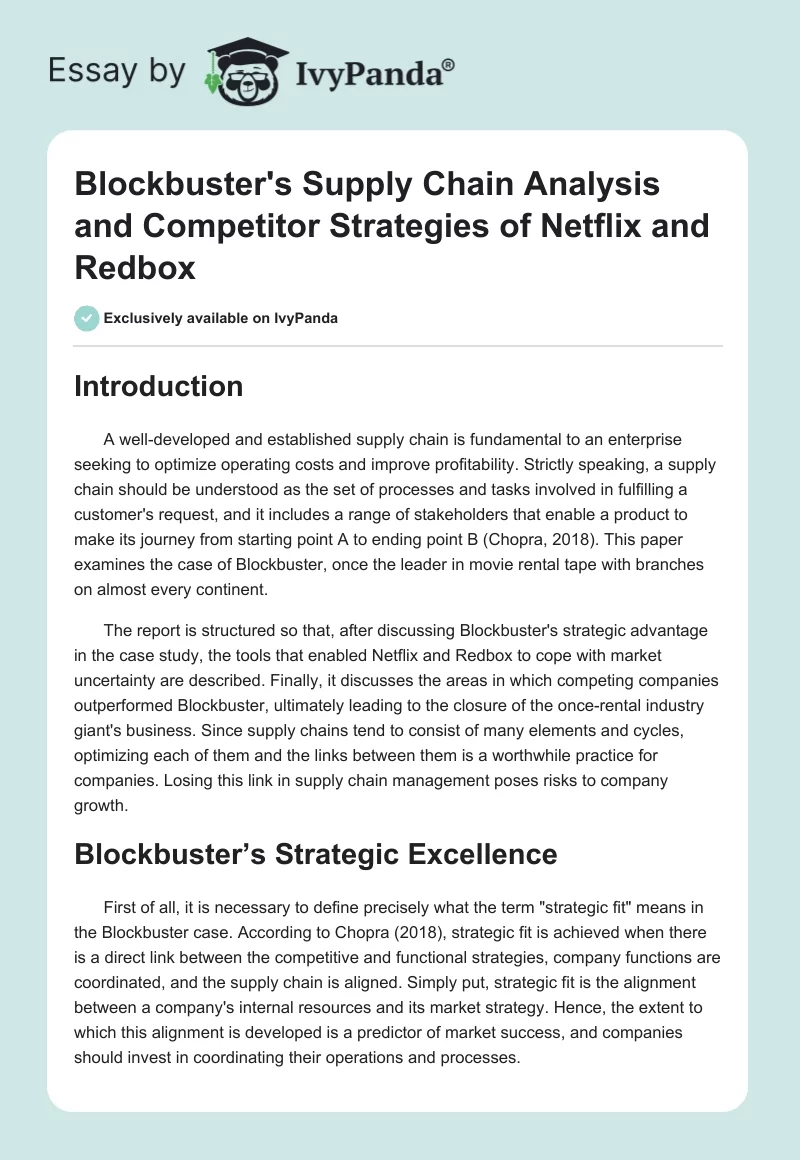 Blockbuster's Supply Chain Analysis and Competitor Strategies of Netflix and Redbox. Page 1