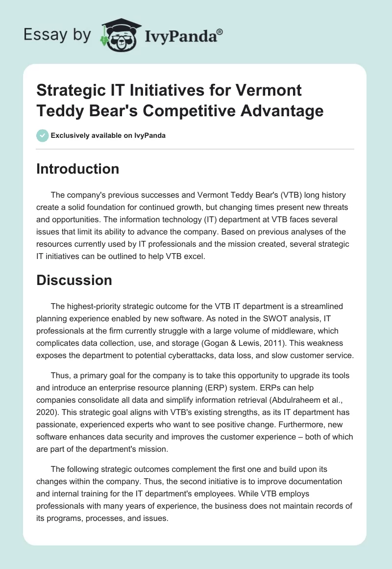 Strategic IT Initiatives for Vermont Teddy Bear's Competitive Advantage. Page 1