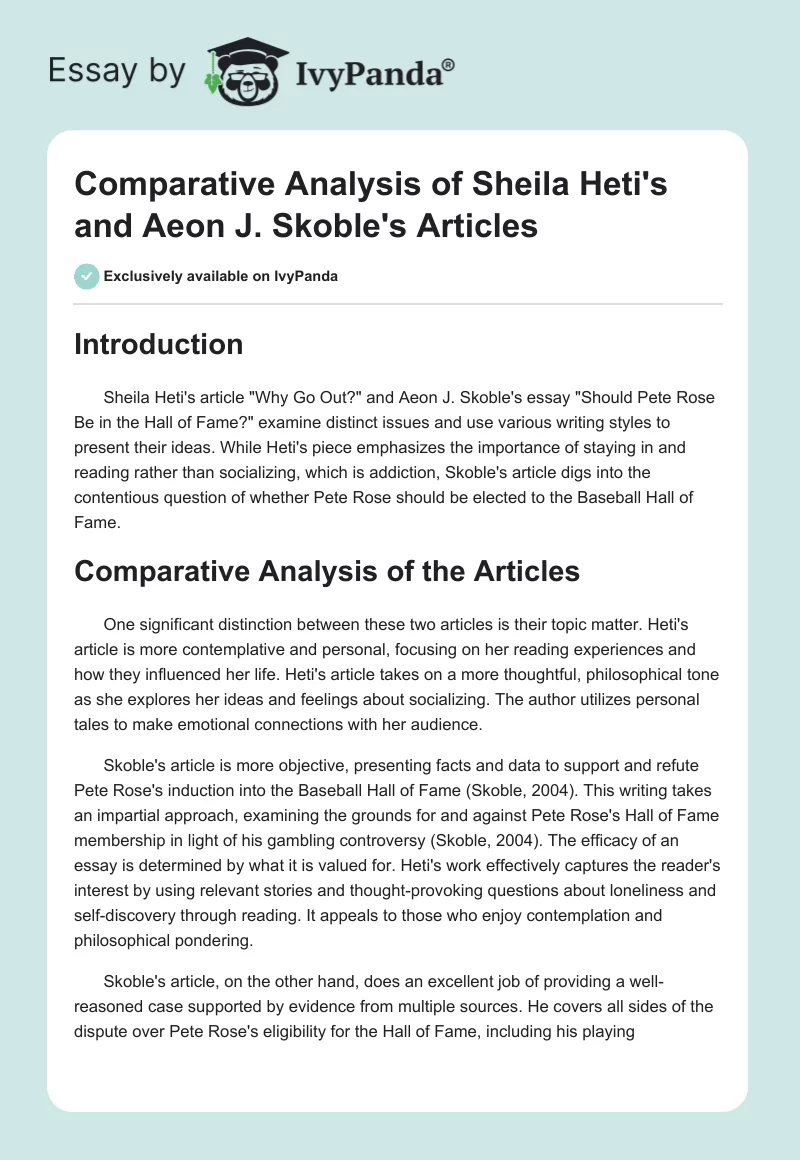 Comparative Analysis of Sheila Heti's and Aeon J. Skoble's Articles. Page 1