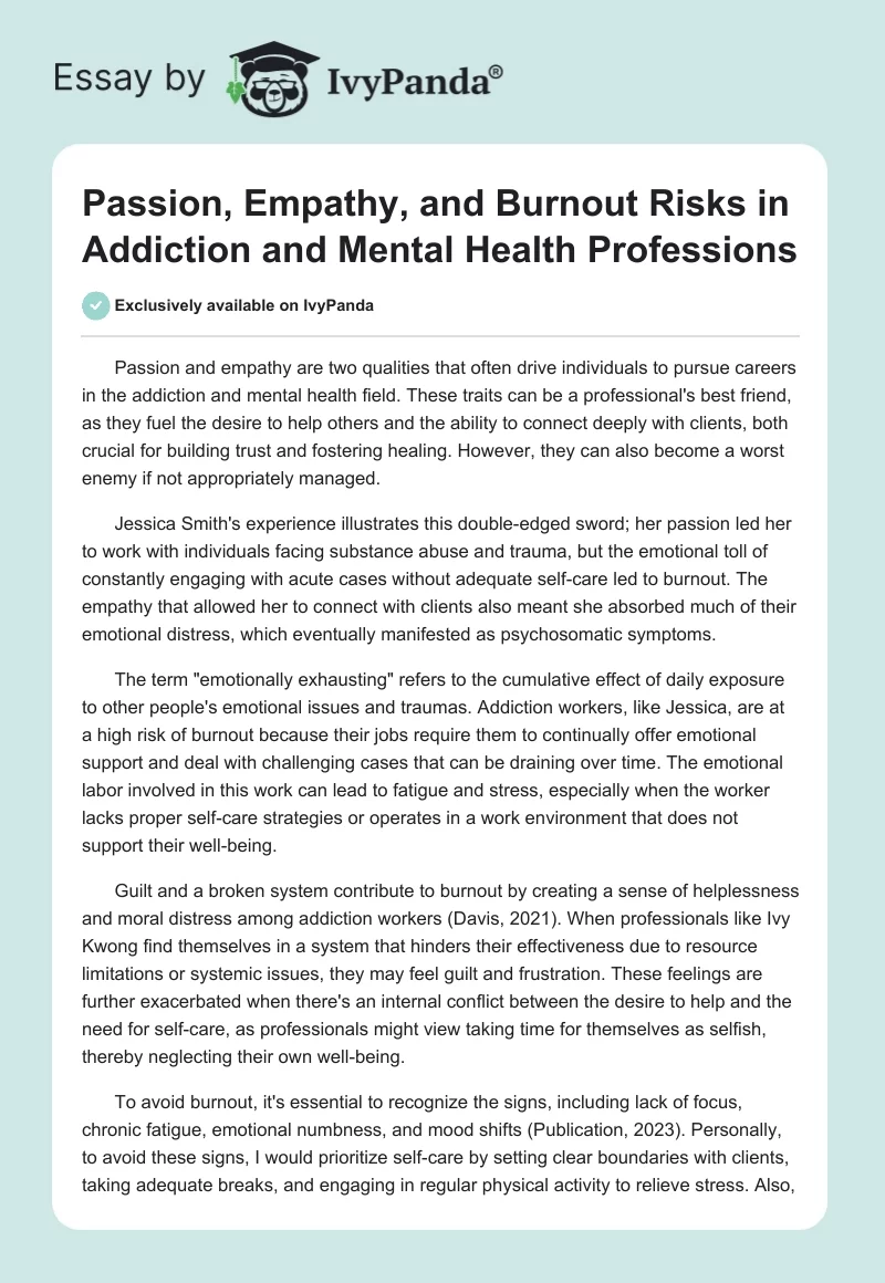 Passion, Empathy, and Burnout Risks in Addiction and Mental Health Professions. Page 1
