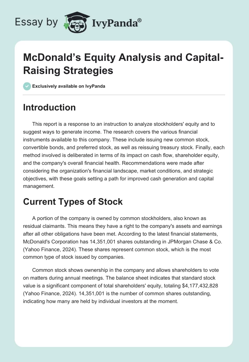 McDonald’s Equity Analysis and Capital-Raising Strategies. Page 1