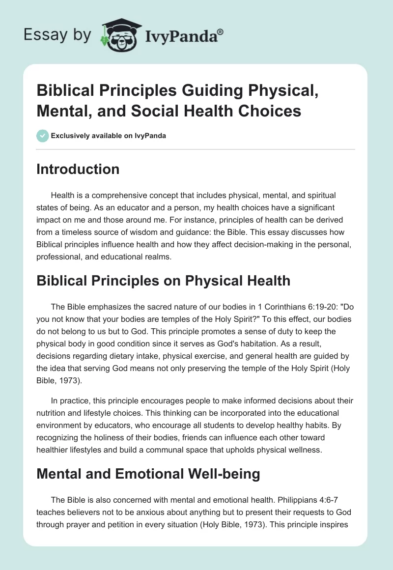 Biblical Principles Guiding Physical, Mental, and Social Health Choices. Page 1