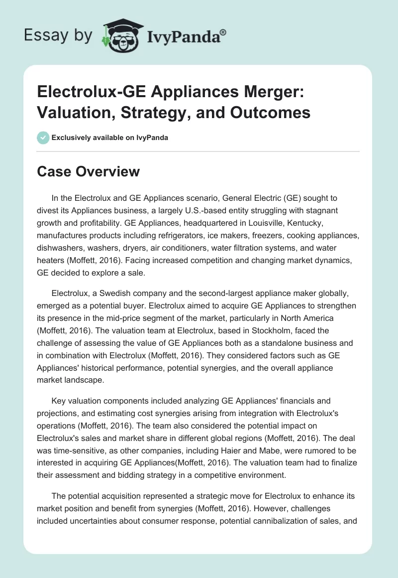 Electrolux-GE Appliances Merger: Valuation, Strategy, and Outcomes. Page 1