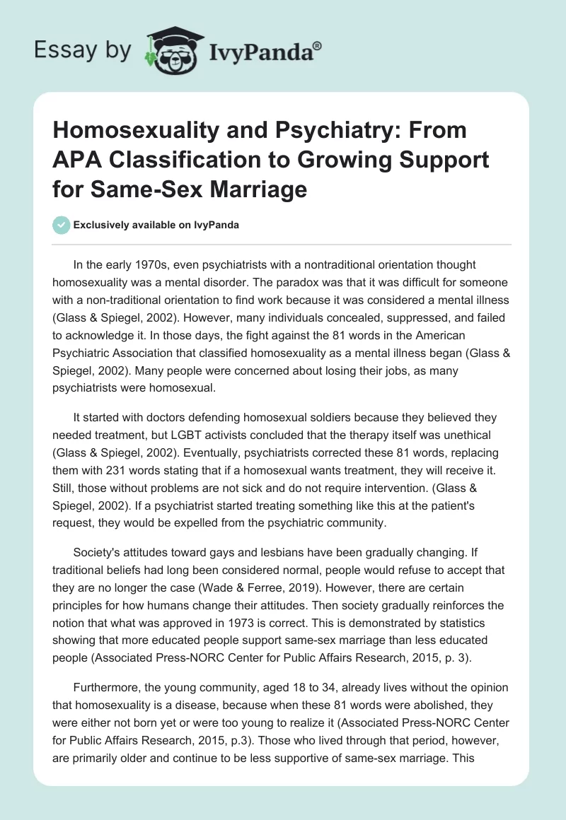 Homosexuality and Psychiatry: From APA Classification to Growing Support for Same-Sex Marriage. Page 1