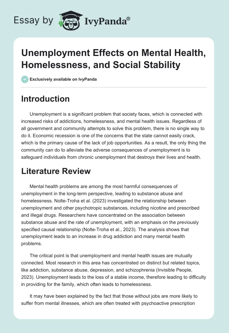 Unemployment Effects on Mental Health, Homelessness, and Social Stability. Page 1