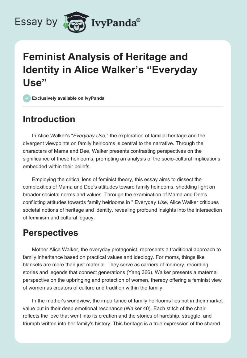 Feminist Analysis of Heritage and Identity in Alice Walker’s “Everyday Use”. Page 1