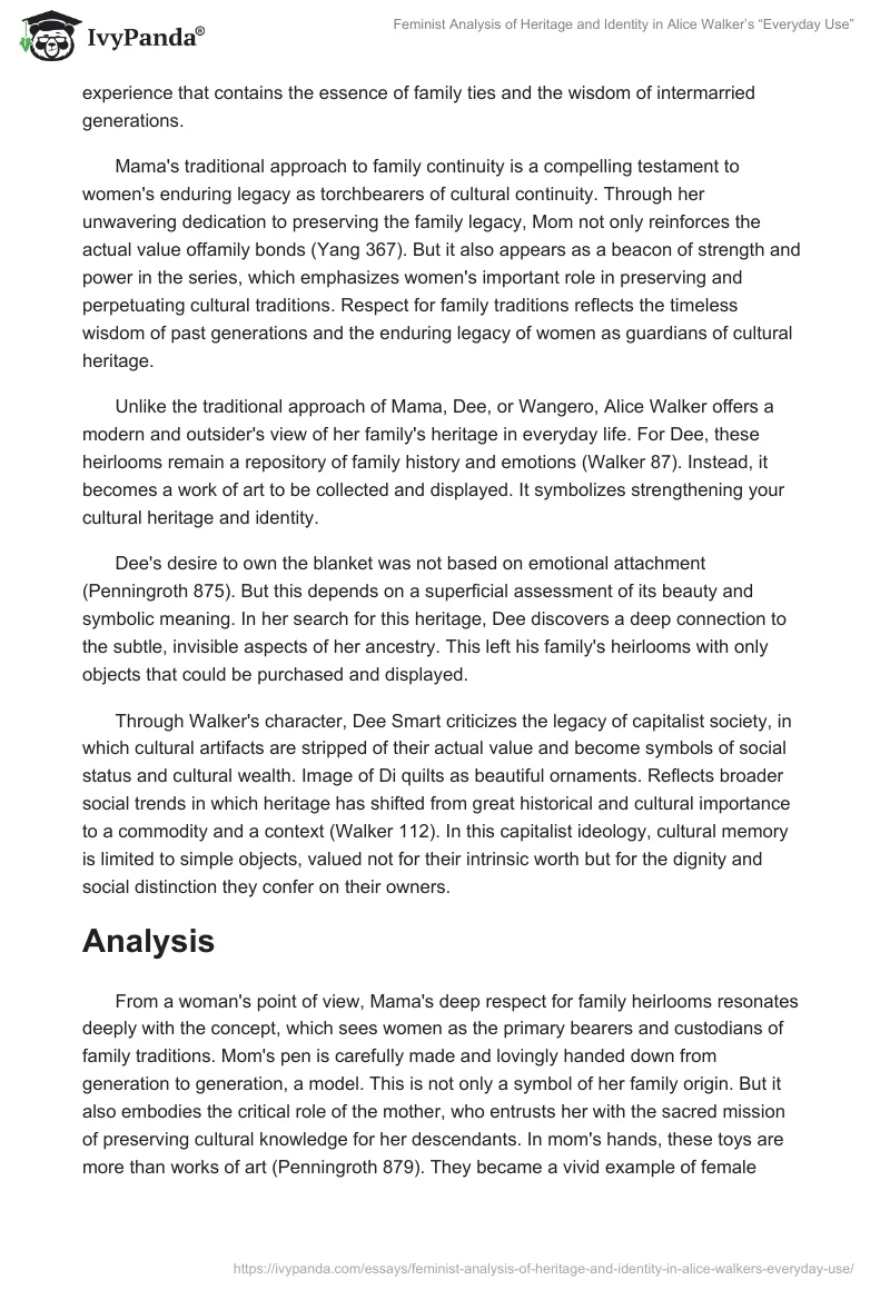 Feminist Analysis of Heritage and Identity in Alice Walker’s “Everyday Use”. Page 2