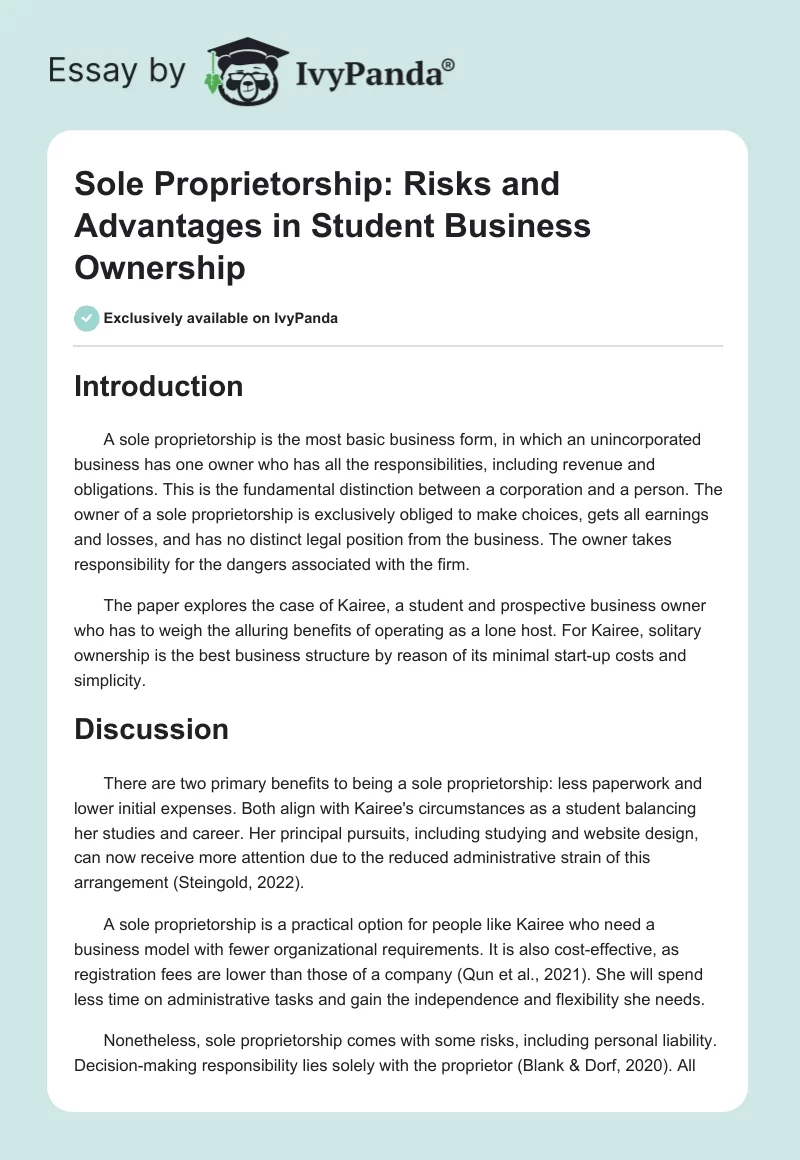 Sole Proprietorship: Risks and Advantages in Student Business Ownership. Page 1