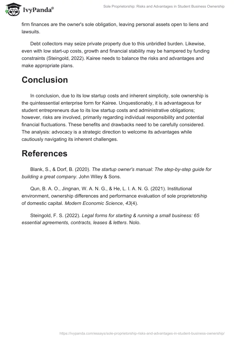 Sole Proprietorship: Risks and Advantages in Student Business Ownership. Page 2