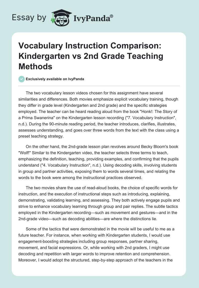 Vocabulary Instruction Comparison: Kindergarten vs 2nd Grade Teaching Methods. Page 1