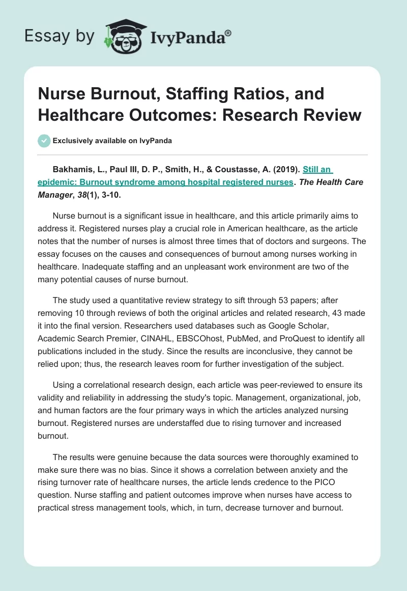 Nurse Burnout, Staffing Ratios, and Healthcare Outcomes: Research Review. Page 1