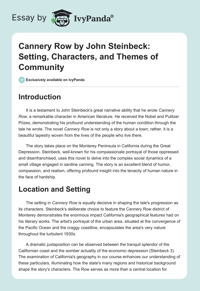 Cannery Row by John Steinbeck: Setting, Characters, and Themes of Community. Page 1